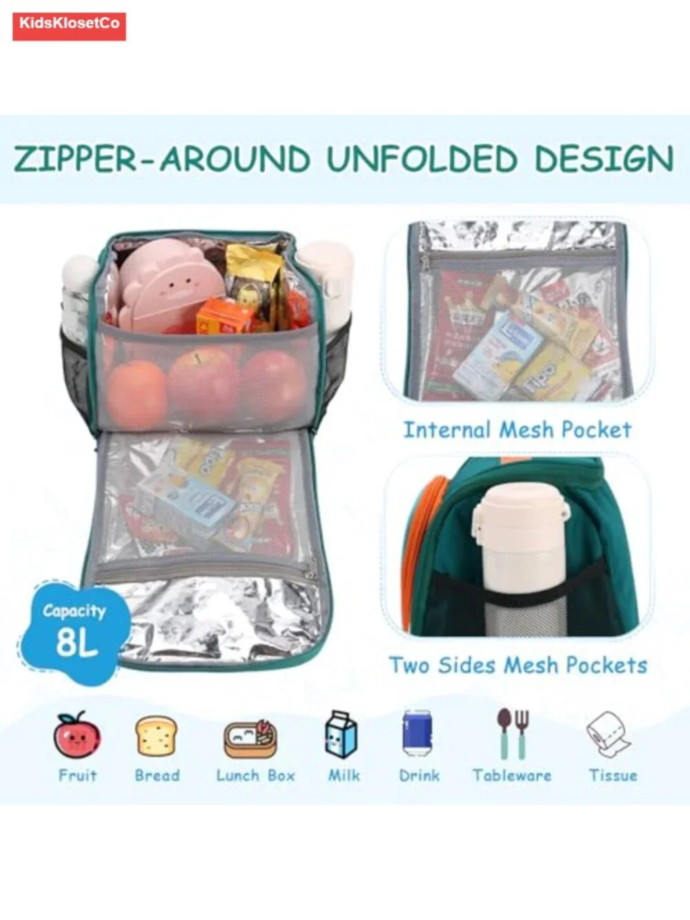 Insulated Lunch Bag for Kids, Reusable Cooler with Crossbody Strap, 8L